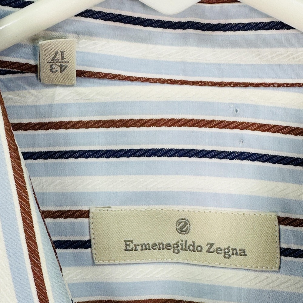 Ermenegildo Zegna Dress Shirt Mens 17 French Cuffs Blue Brown Stripe Long Sleeve - Picture 6 of 9